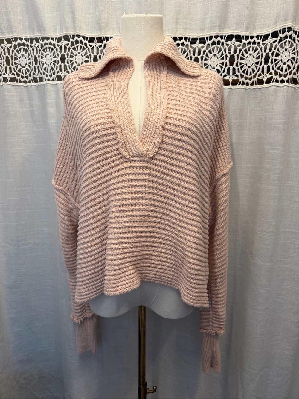 Free People Oversized Ribbed V-Neck Sweater in Blush